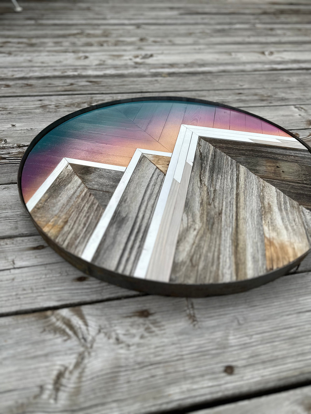 Sunrise Peaks Round Reclaimed Cedar Mosaic, framed in vintage whiskey barrel ring