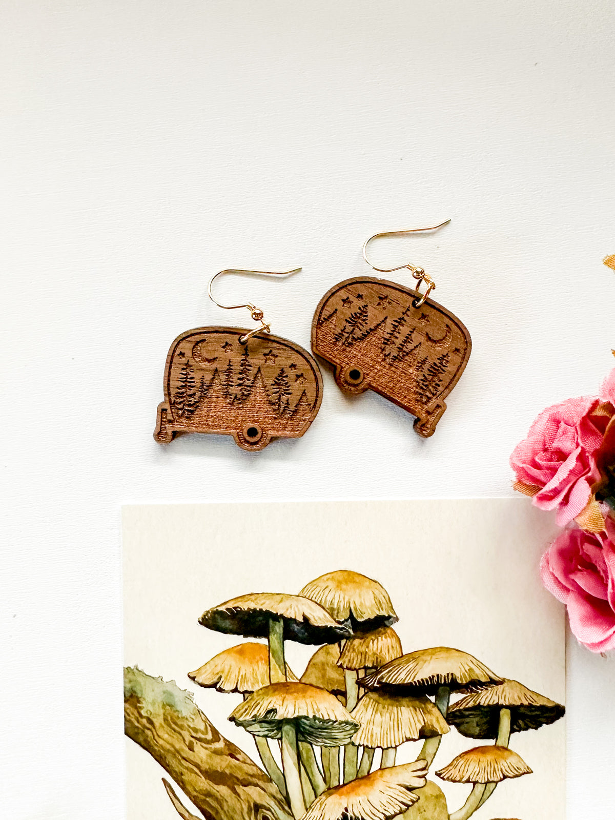 HAPPY CAMPER earrings - walnut wood earrings