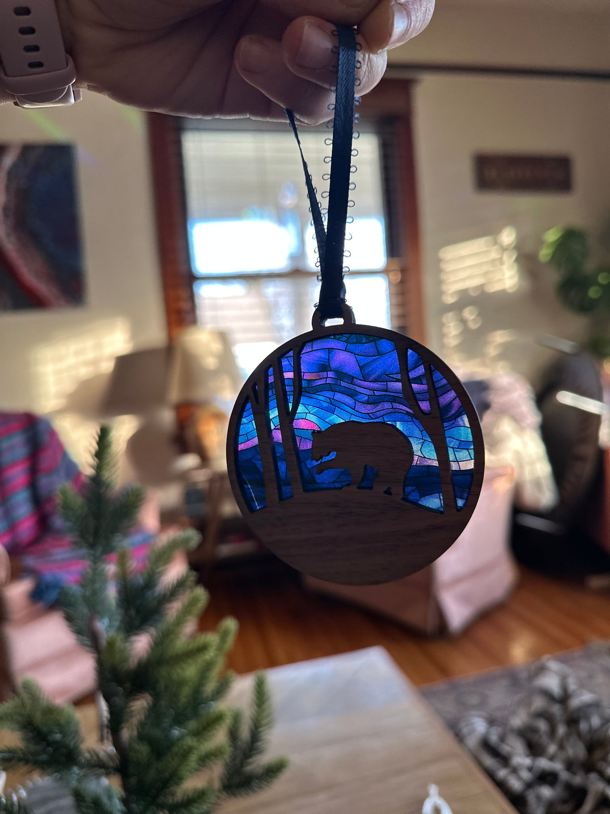 Stained Glass Northern Lights Forest Animal Ornament