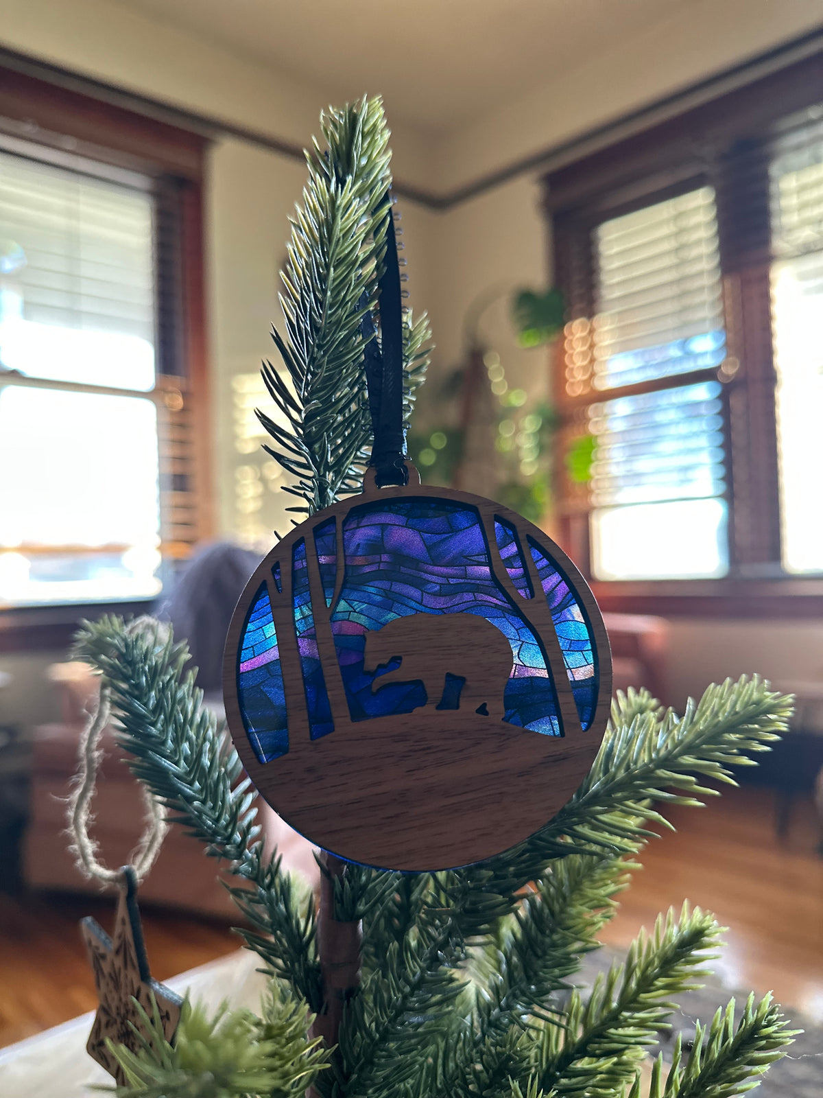 Stained Glass Northern Lights Forest Animal Ornament