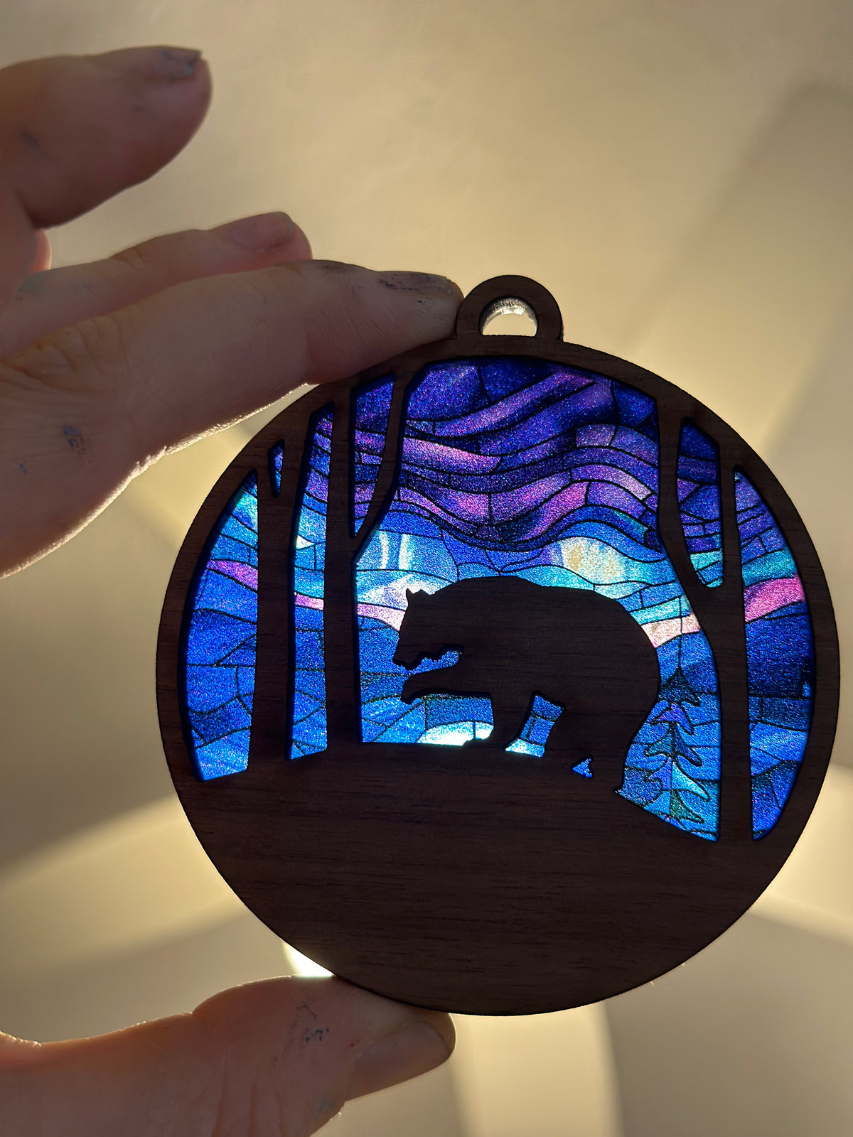 Stained Glass Northern Lights Forest Animal Ornament