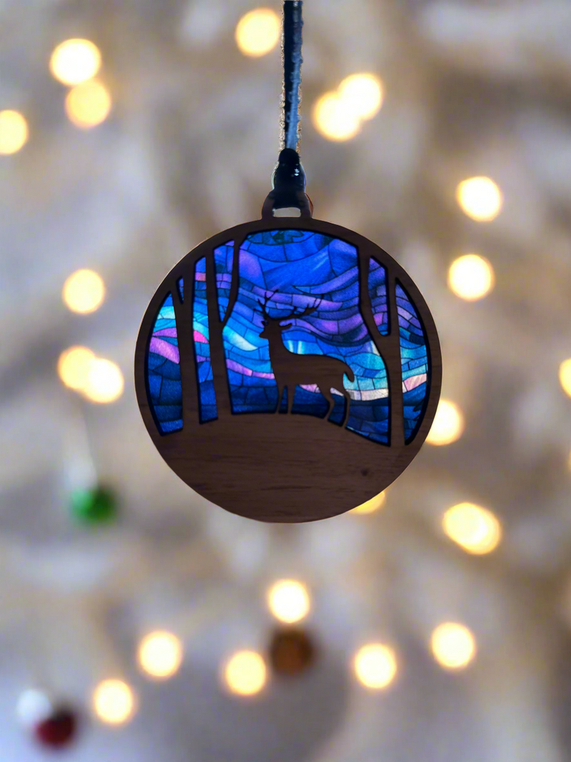 Stained Glass Northern Lights Forest Animal Ornament