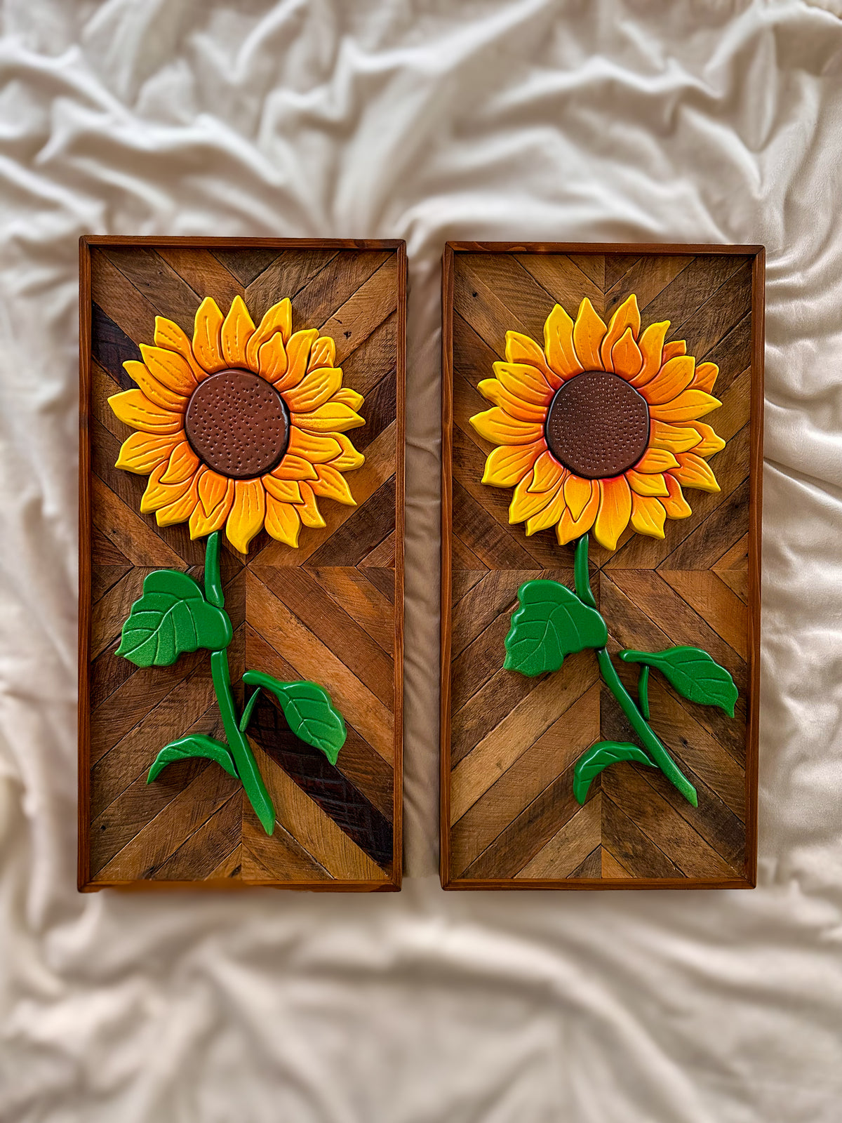 Two Sunflower Intrasia Wood Wall Art Mosaics for Karissa