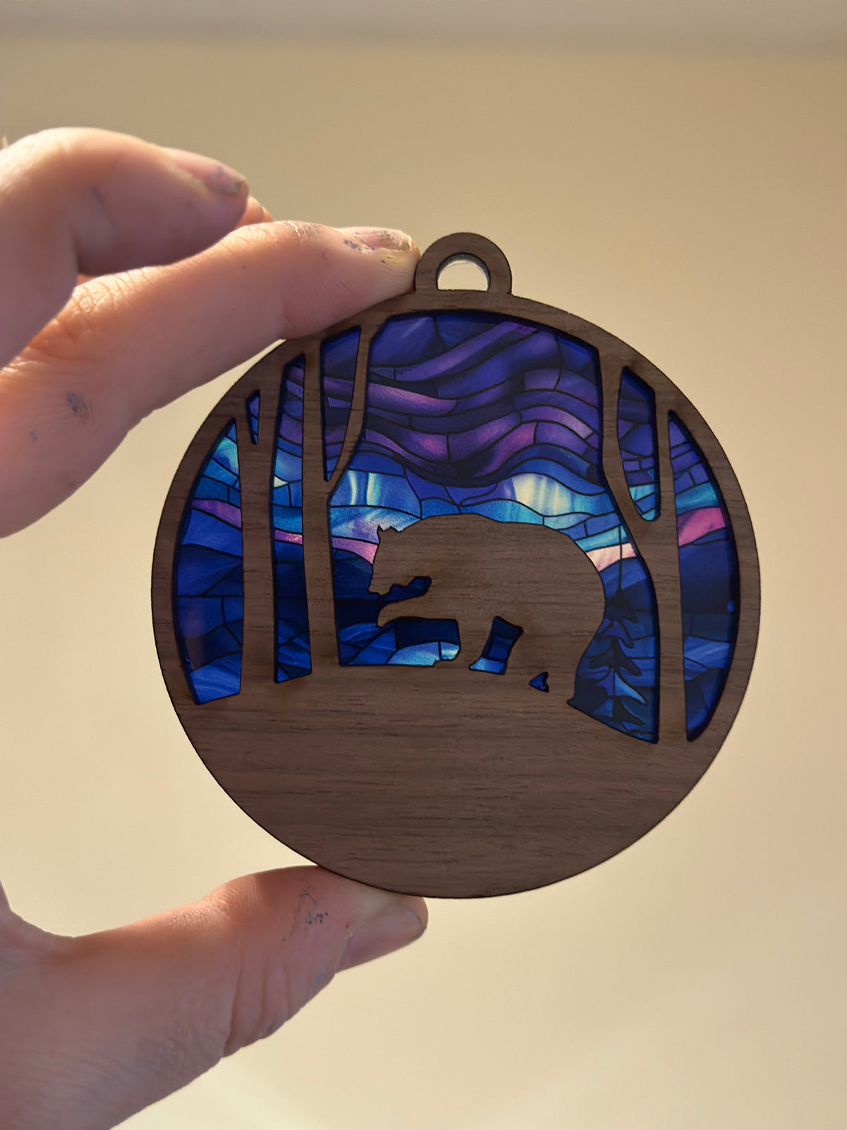 Stained Glass Northern Lights Forest Animal Ornament