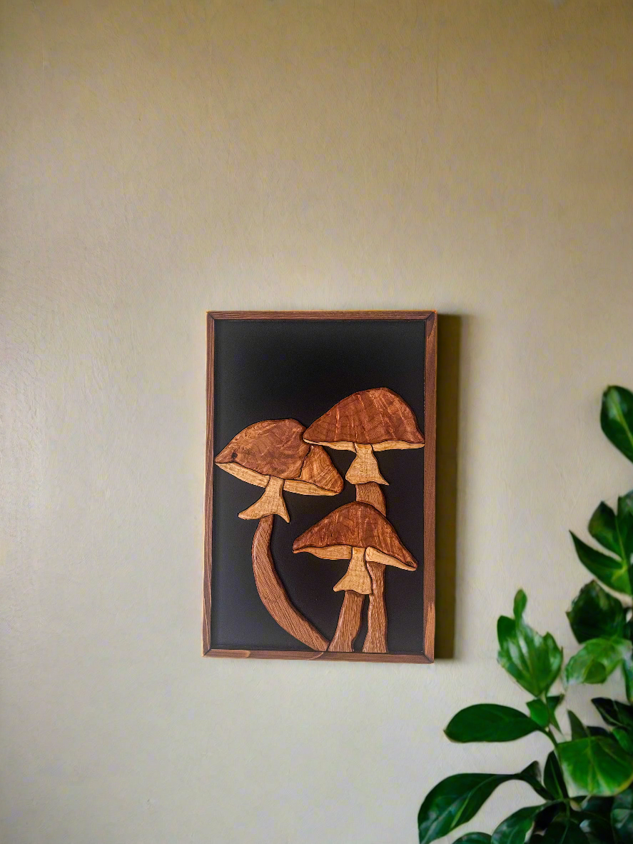 Burl Capped Mushroom Cluster Wood Artwork