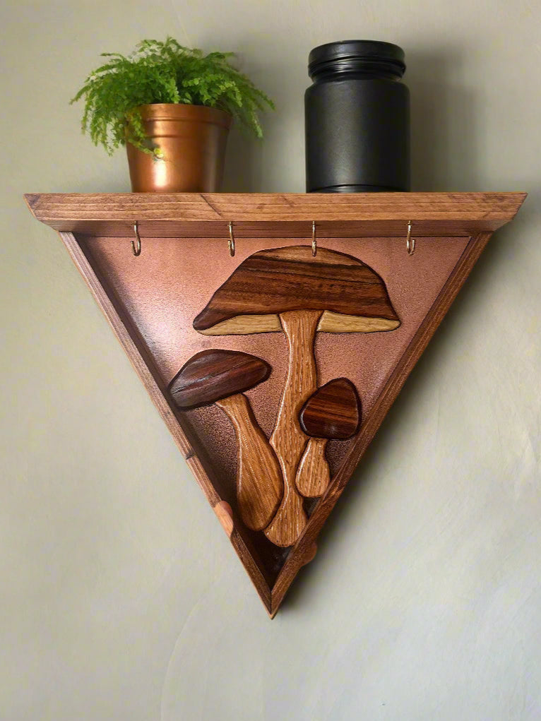 Mushroom Copper Key Holder Floating Shelf Wood Mosaic