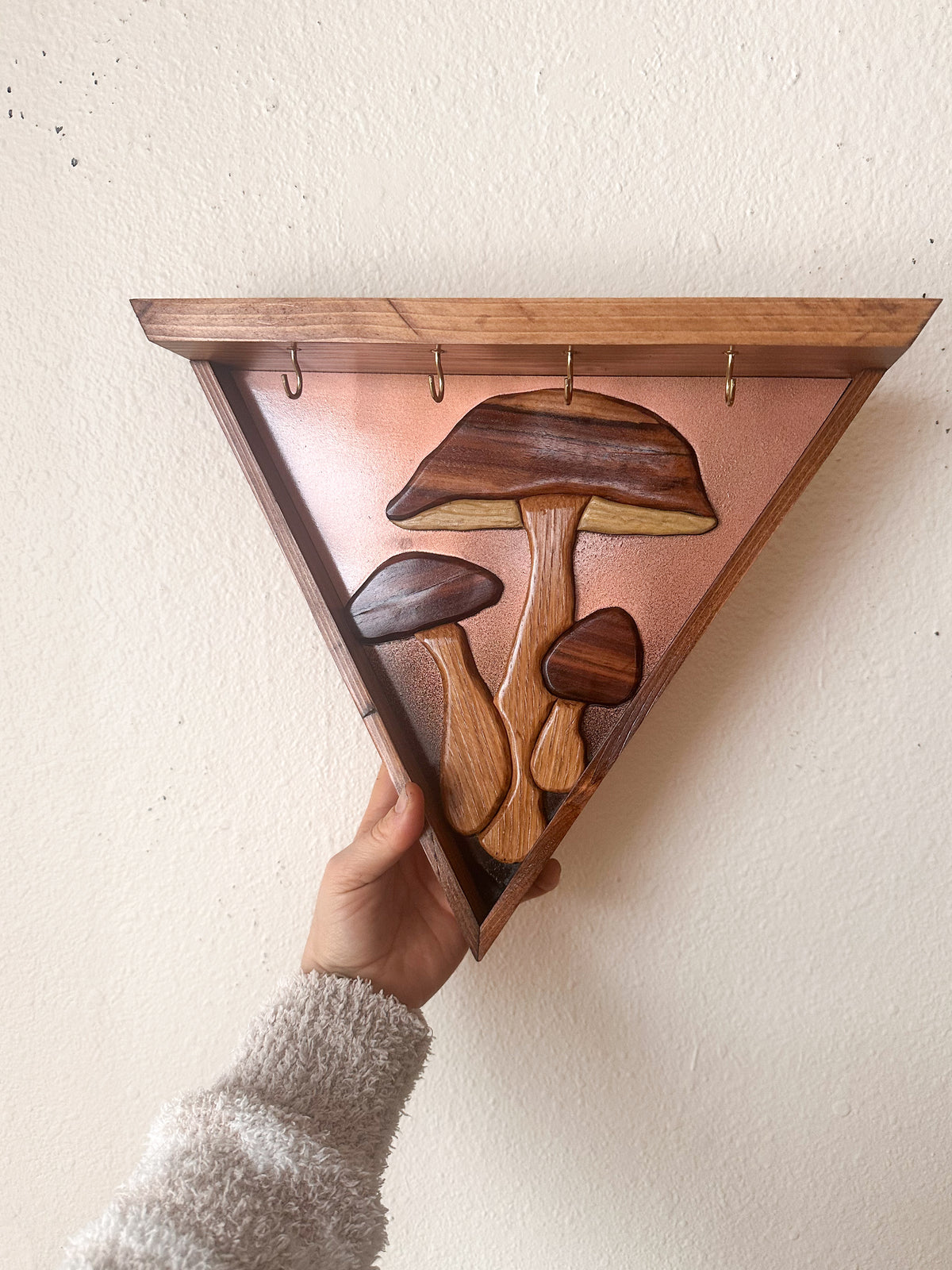 Mushroom Copper Key Holder Floating Shelf Wood Mosaic