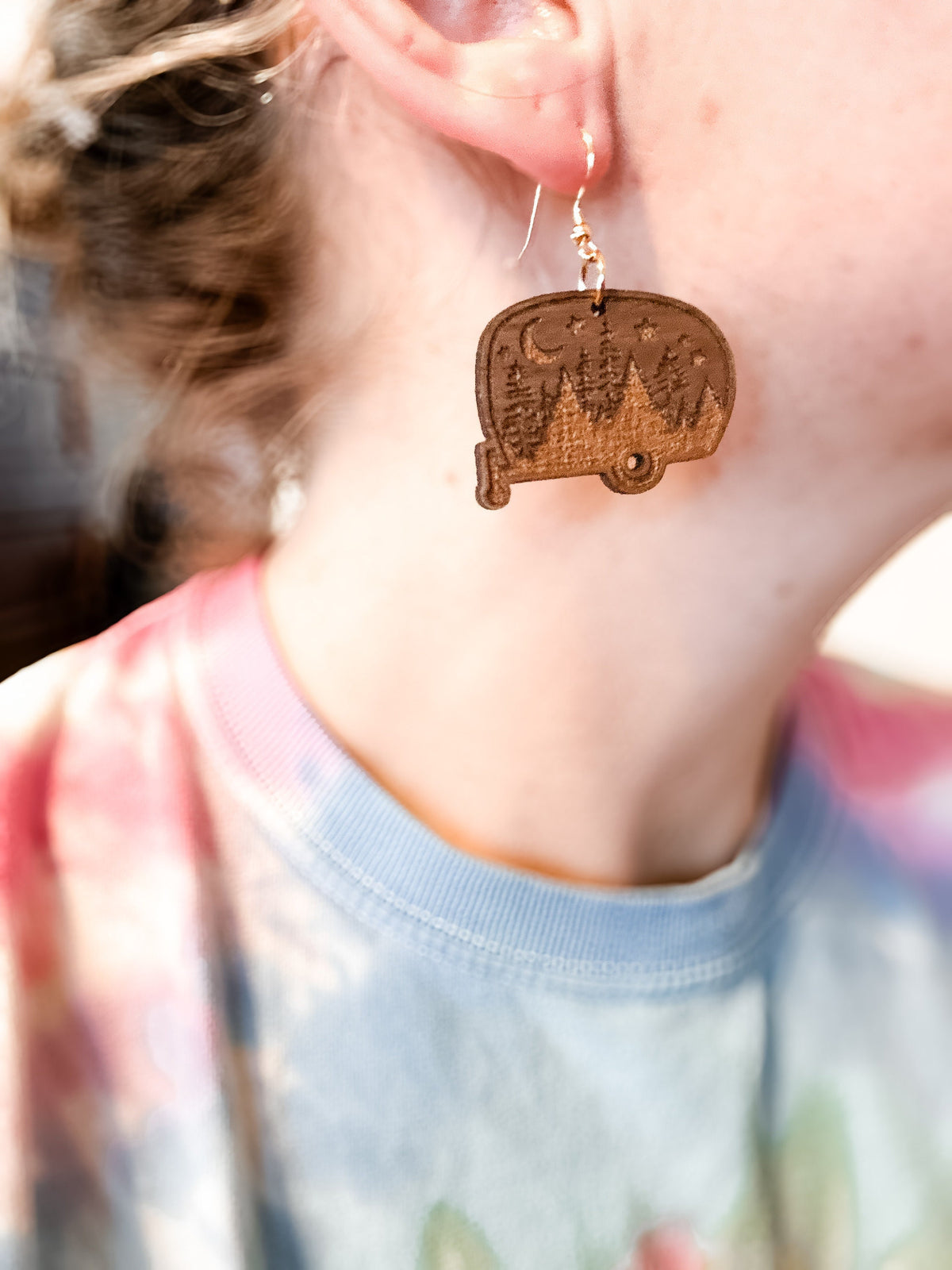 HAPPY CAMPER earrings - walnut wood earrings - natural earrings - wanderlust earrings - gold earrings- camper van earring - camping jewelry