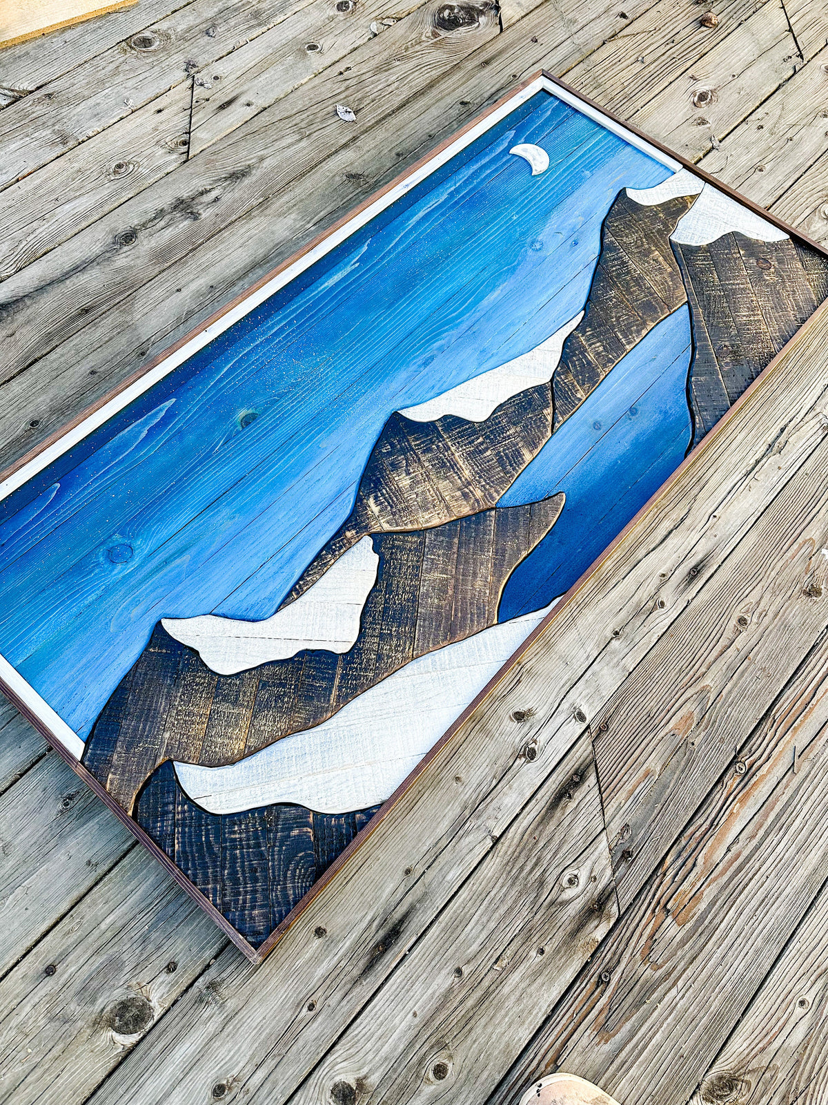 ALPINE Lake and Mountain Range Wood Artwork - Handcrafted Carved Wooden Mountain scene art wall hanging