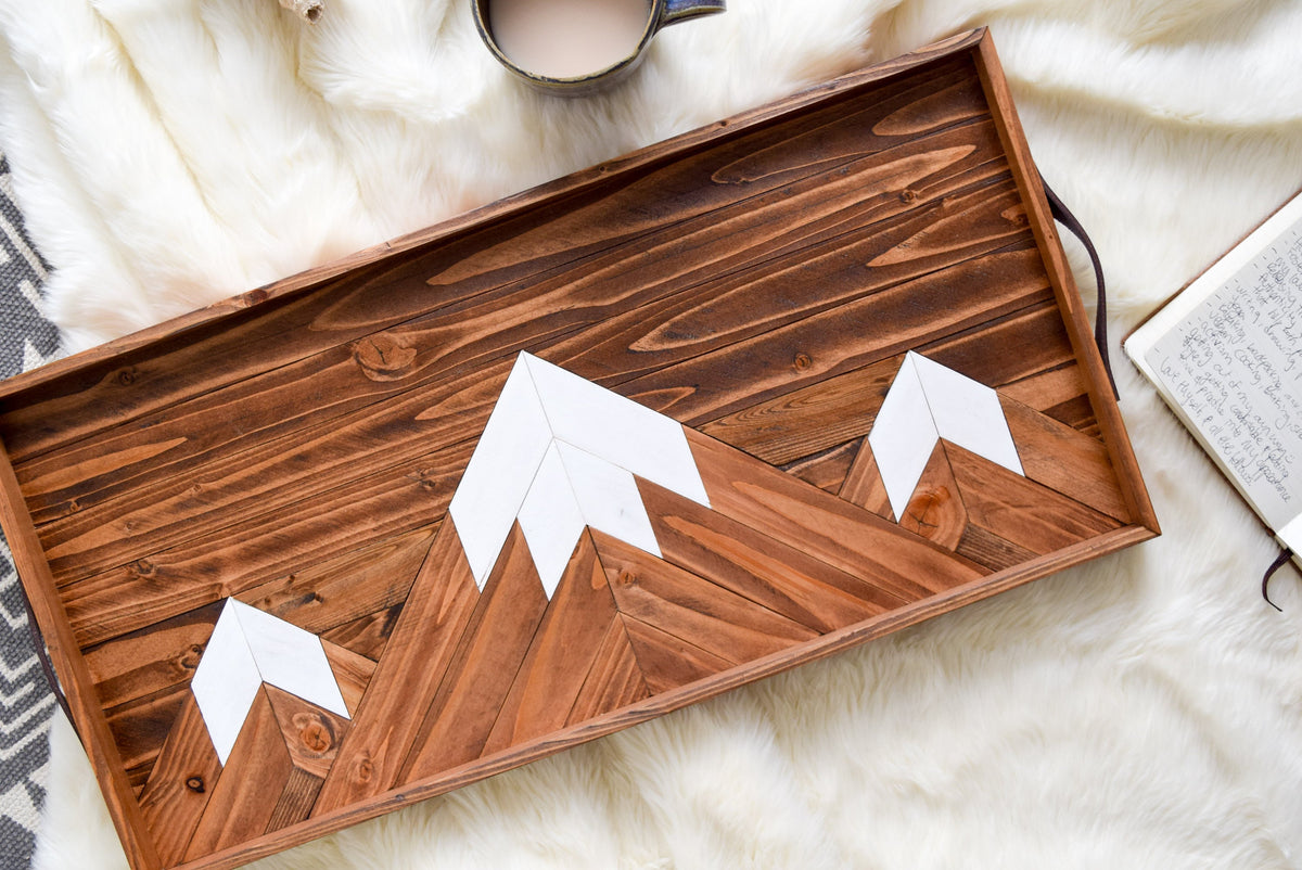 MOUNTAINS Wood Tray with Handles - Modern Serving Tray - Breakfast Tray - Modern Wood Tray - Decorative Tray - Gift for Him